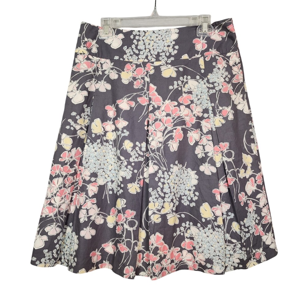 TALBOTS Size 8 Gray Floral Cotton Pleated Knee Length A-line Skirt Pastel Preppy